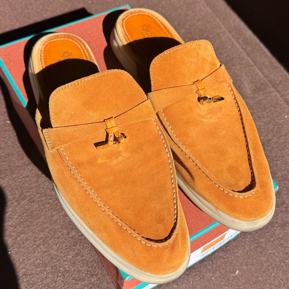 Lori Piana Suede Mules Loafers 42 Natural Cognac color with gold hardware
